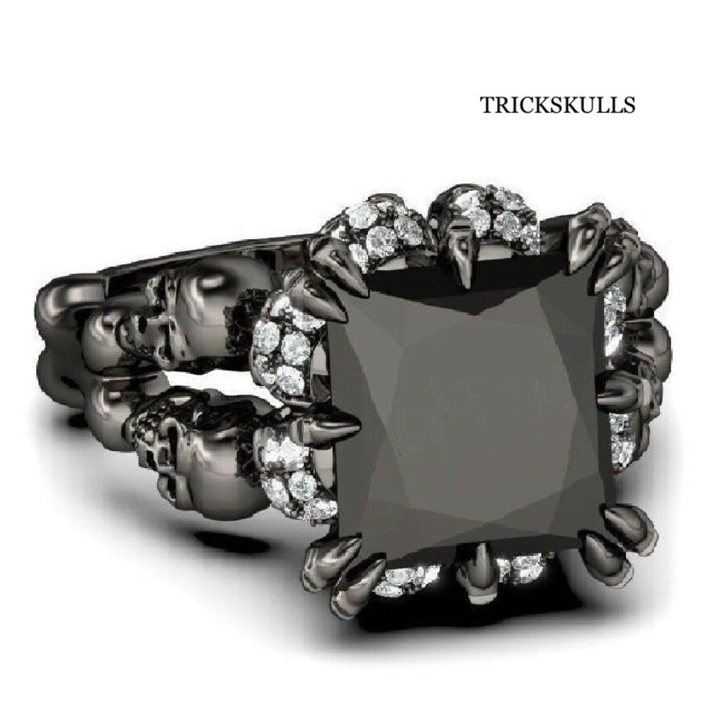 Four Skulls Black Anodized Sapphire Modern Gothic Punk Ring Size 7 8 9 10 New!